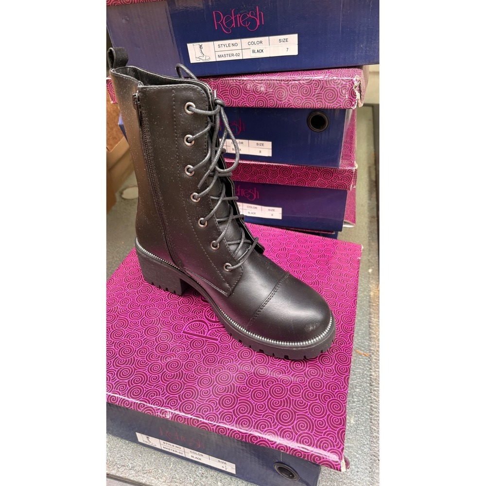 Refresh Master-02 Black Lace Up Side Zip Combat Boots Beaded Trim Lug Sole Women